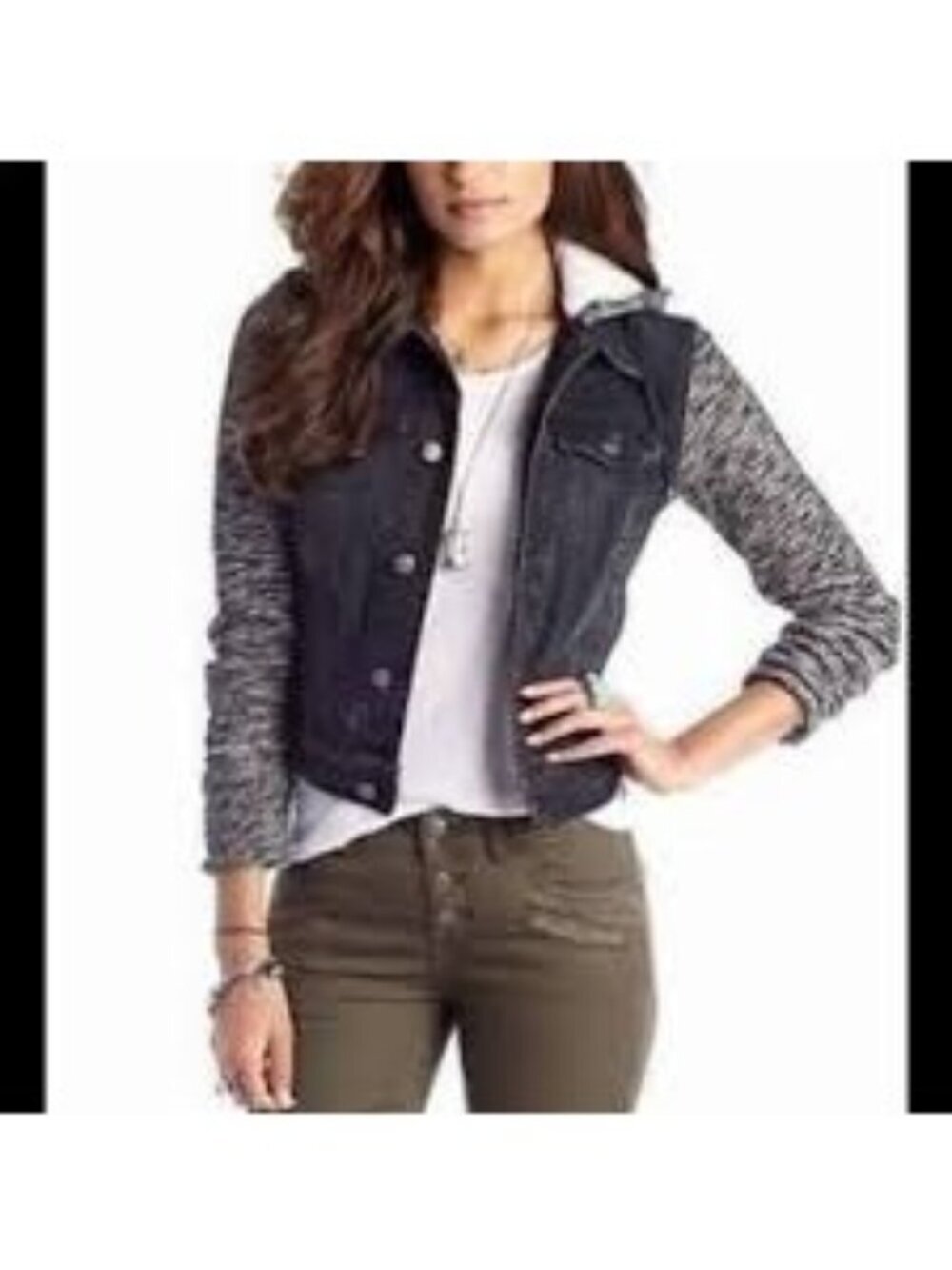 Free People Denim Jacket Layered Knit Hooded Dark Washed Women's Size Small